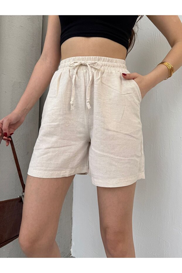Women's Elastic Waist Pocket Linen Shorts