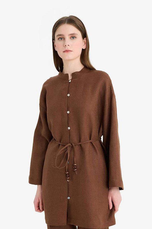 %100 Keten Regular Fit Bağcıklı Uzun Kollu Tesettür Gömlek Tunik D4394ax25sm - 4