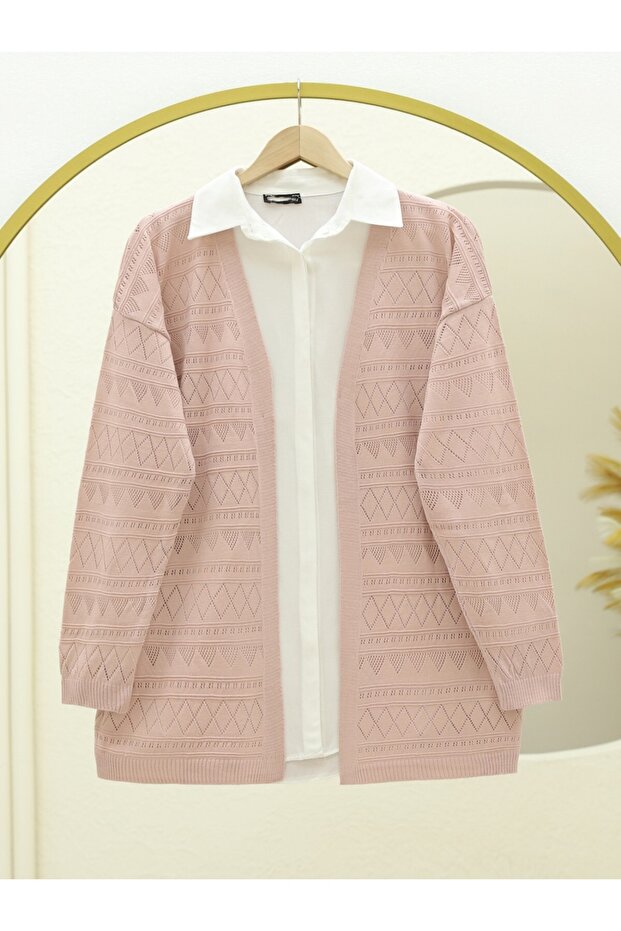 Mixed Patterned Openwork Knitwear Cardigan -Powder