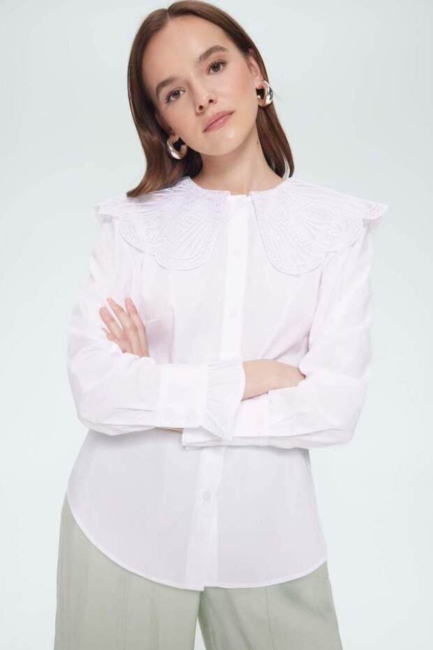 Yeni Sezon Regular Fit Geniş Yakalı Poplin Uzun Kollu Gömlek Tunik - 1