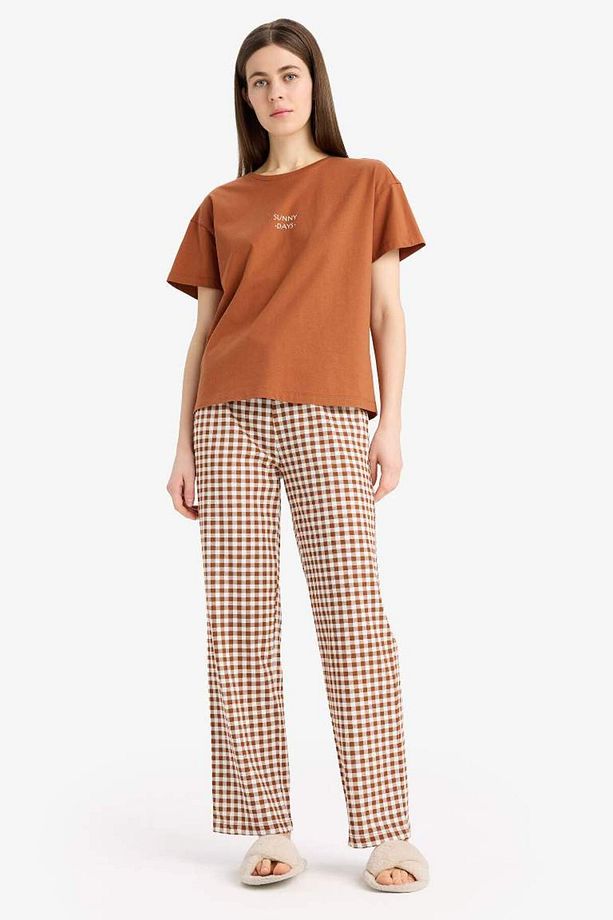Yeni Sezon Pijama Takımı Kısa Kollu Pijama Üstü Esnek Belli Uzun Kareli Pijama - 4