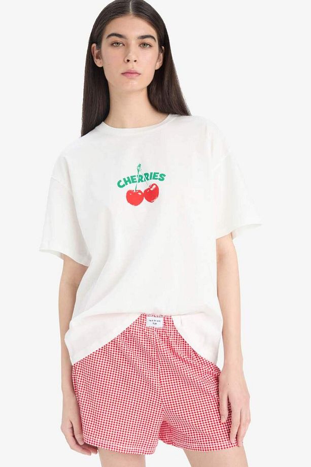 Regular Fit Pijama Takımı Kısa Kollu Baskılı Üst Esnek Belli Şort-fall In Love F1958ax25sp - 4