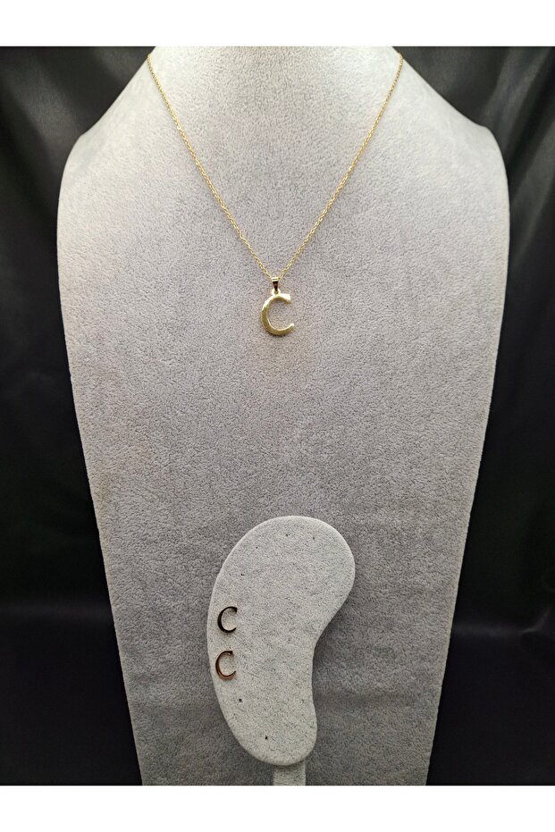 Gold Color Steel Letter C Necklace and Earring Set