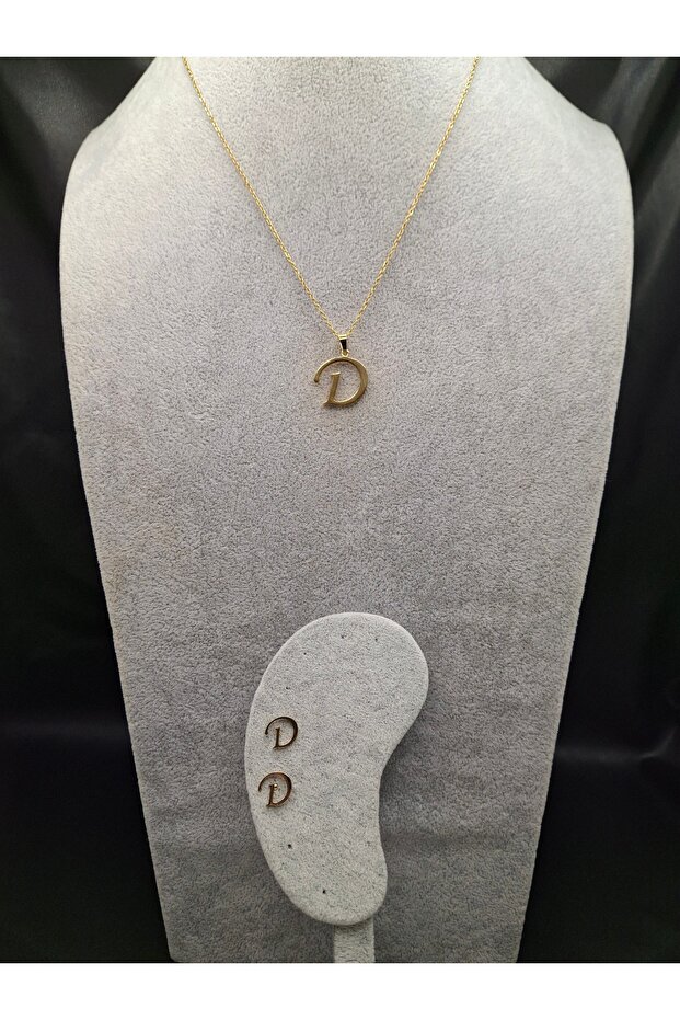Gold Color Steel Letter D Necklace and Earring Set