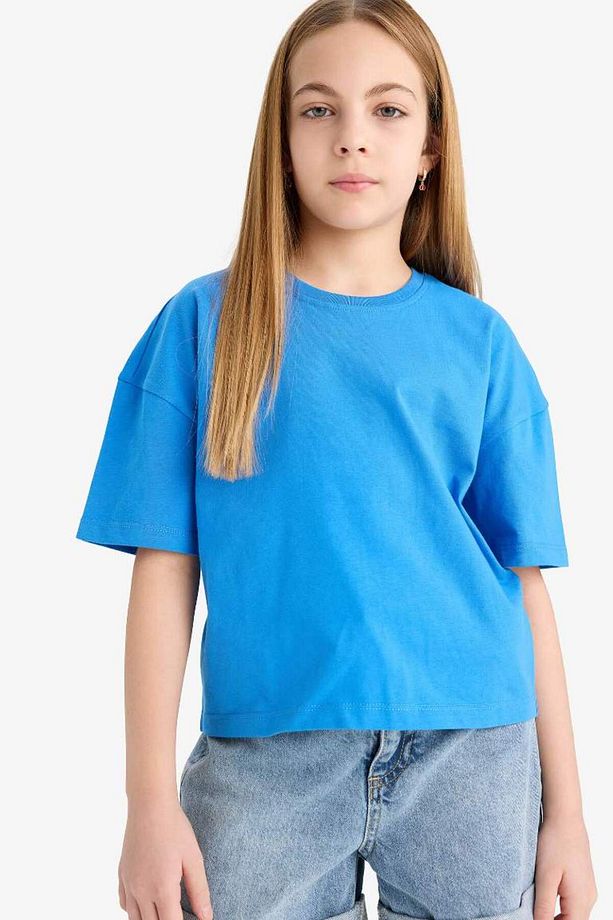 Yeni Sezon Kız Çocuk Relax Fit Bisiklet Yaka Basic Düz Kısa Kollu Tişört - 3