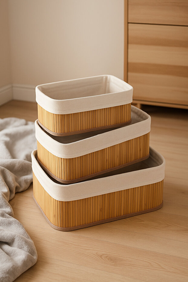 سلة مستطيلة متعددة الأغراض من الخيزران مكونة من 3 قطع - 1