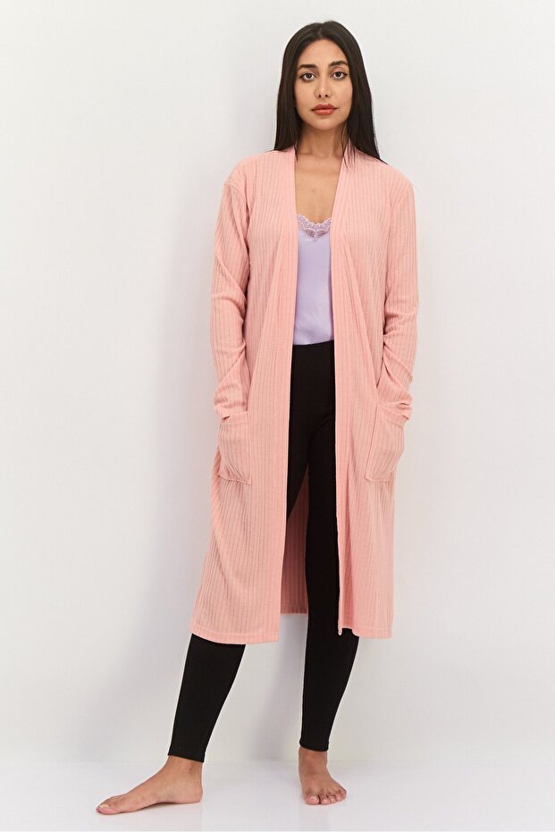 Women Textured Long Sleeves Robe, Pink