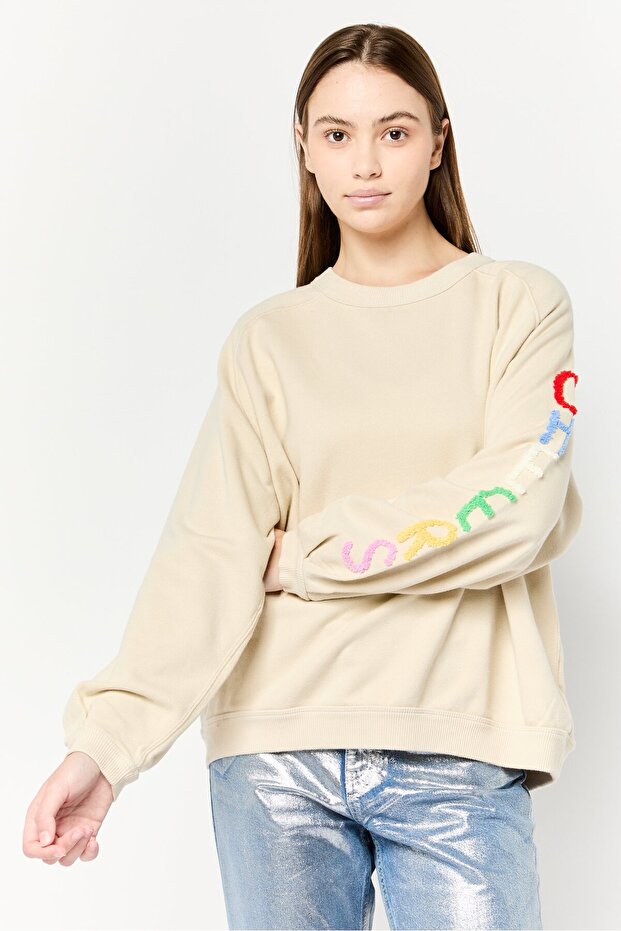 Women Crew Neck Long Sleeves Embroidered Sweatshirt, Beige