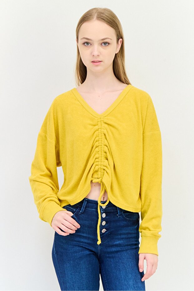 Women V Neck Ruched Tie Long Sleeve Sweater, Dark Yellow