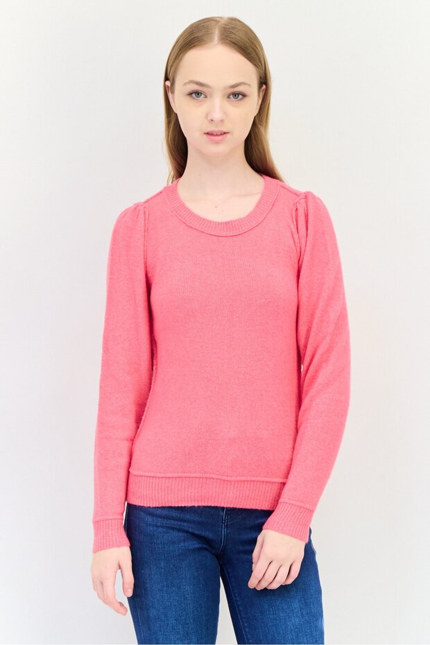 Women Crew Neck Knitted Sweater, Pink