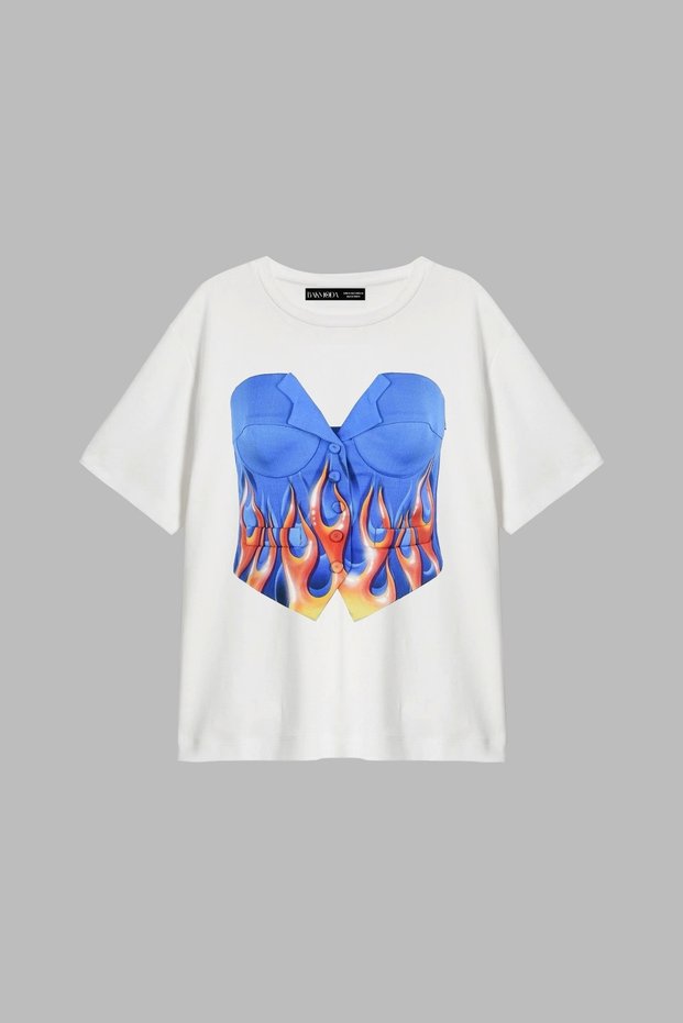 Flame Top Printed Relaxed Fit White Women's Tshirt