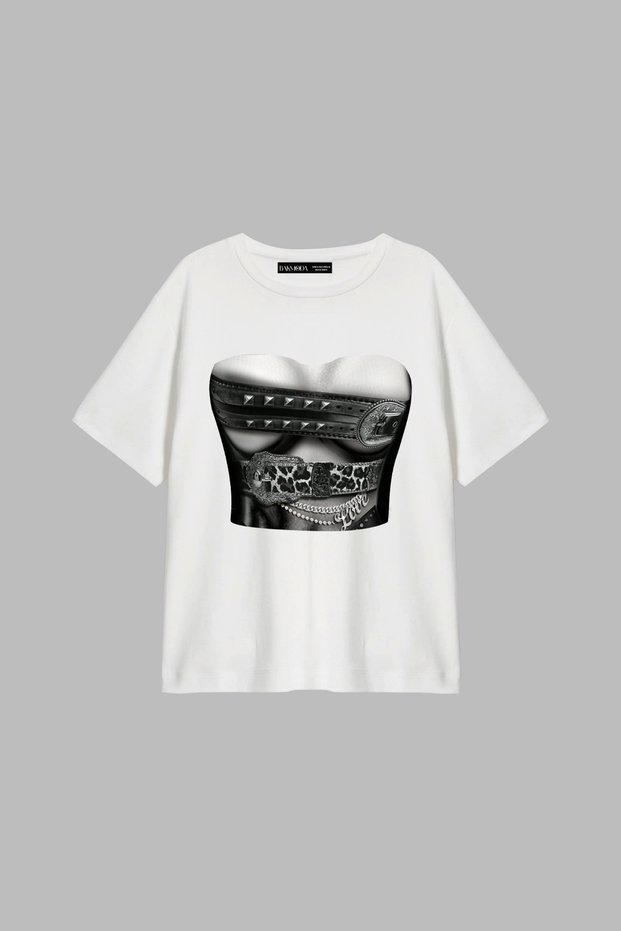 Belted Printed Relaxed Fit White Women's Tshirt