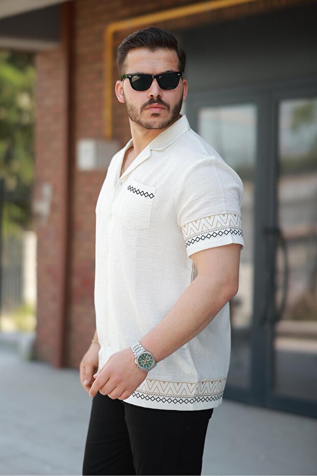 Ekru Nakış Detaylı Kısa Kollu Regular Fit Gömlek- 2525 - 2