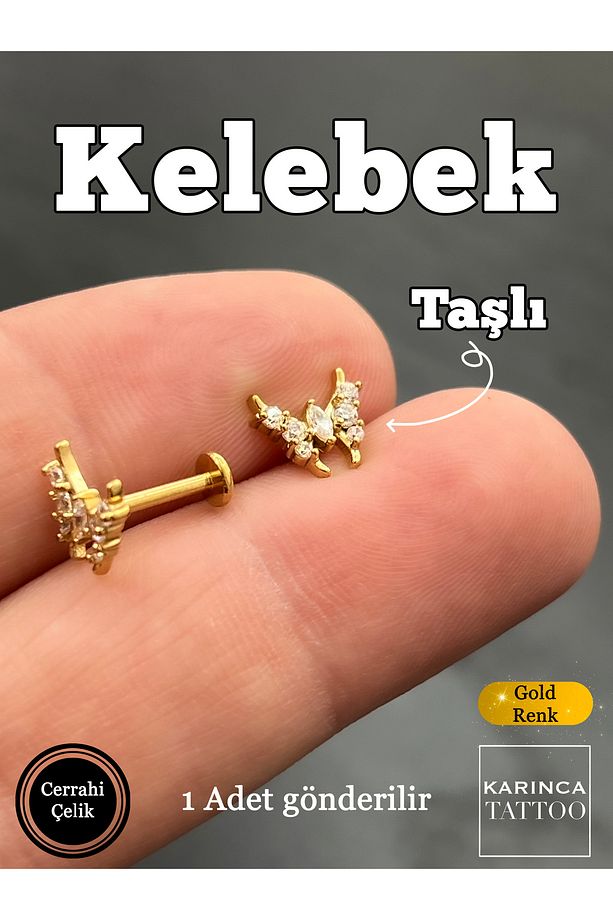 Kelebek Taşlı Tragus Piercing Forward Helix Flat Conch Cerrahi Çelik Piercing Küpe - 2