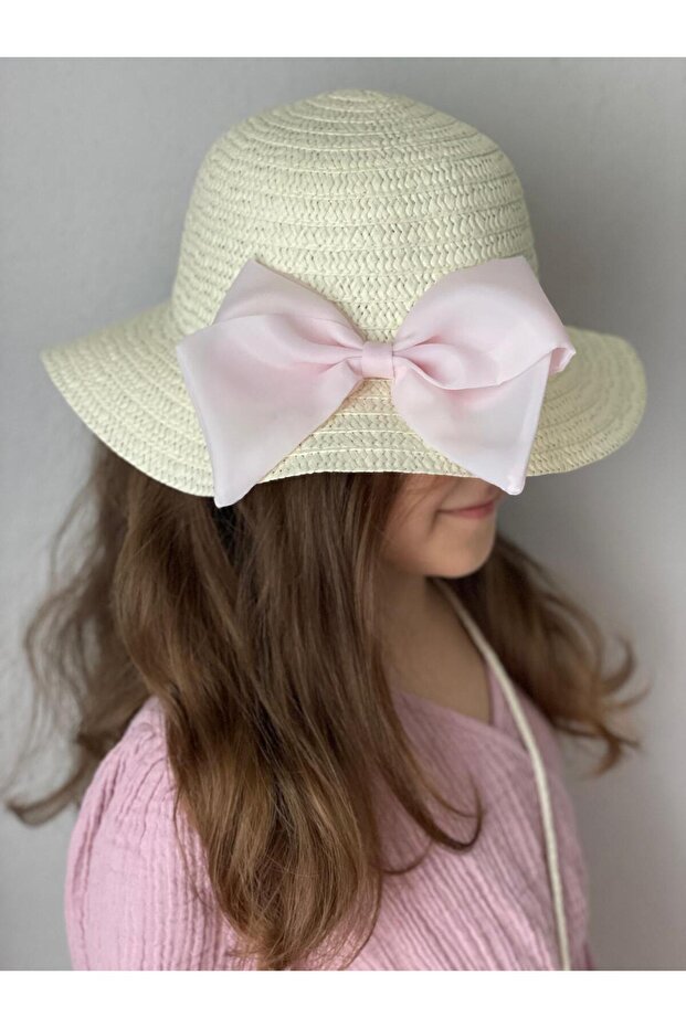 Pink Bow Detailed Girl's Straw Bucket Hat