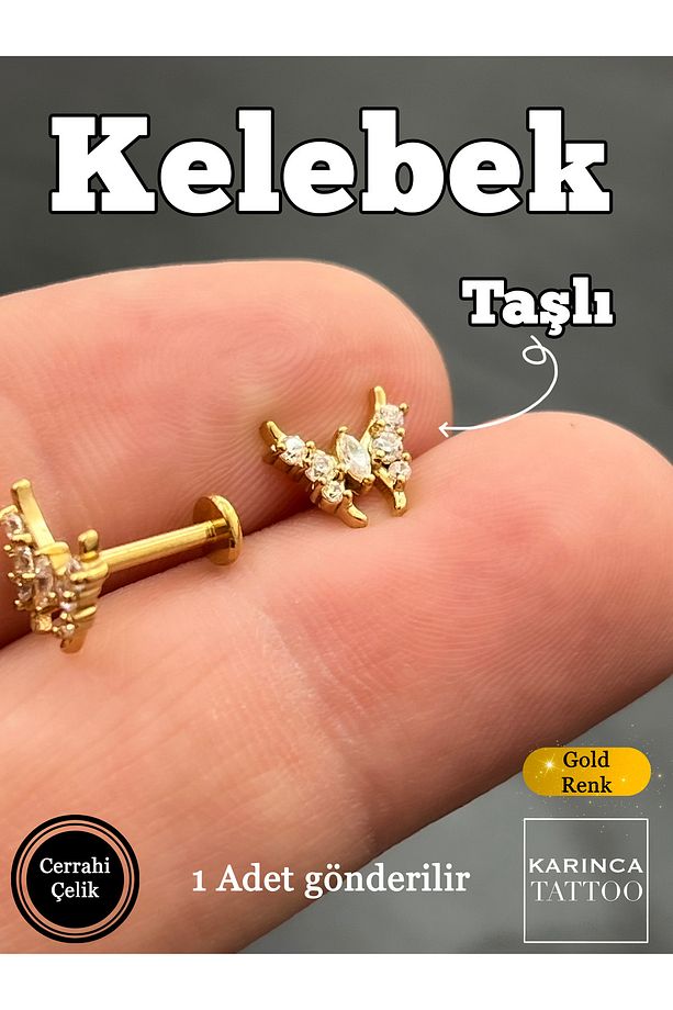 Kelebek Taşlı Tragus Piercing Forward Helix Flat Conch Cerrahi Çelik Piercing Küpe - 1