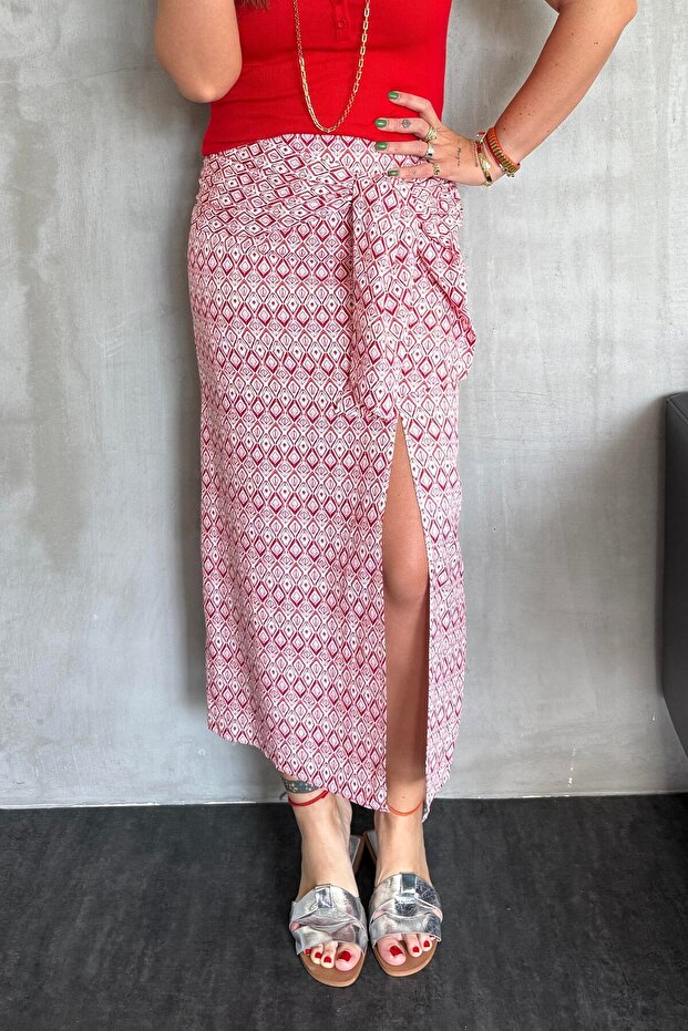Women's Knot Detail Slit Patterned Skirt 4S3348
