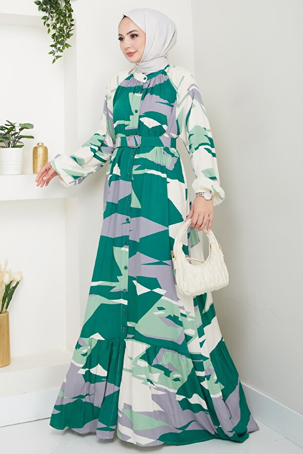 Botanical Pattern Dark Green Viscose Dress