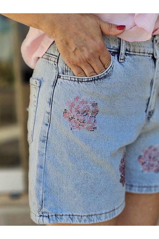 Pembe Çiçekli Denim Şort - 3