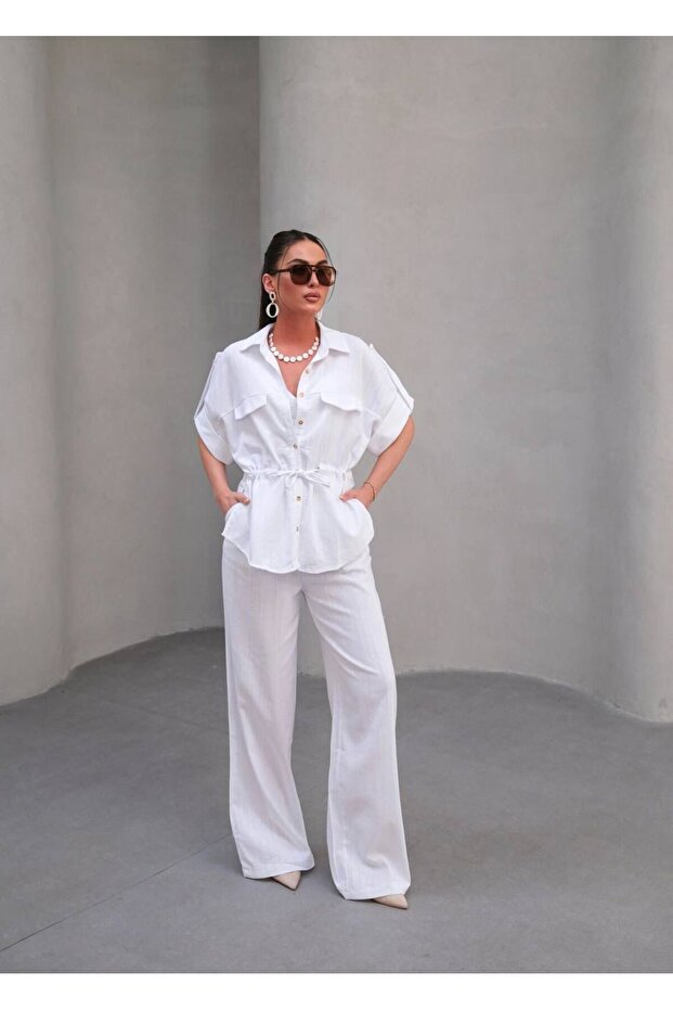 Linen White Tie Shirt Pantalon-White - L