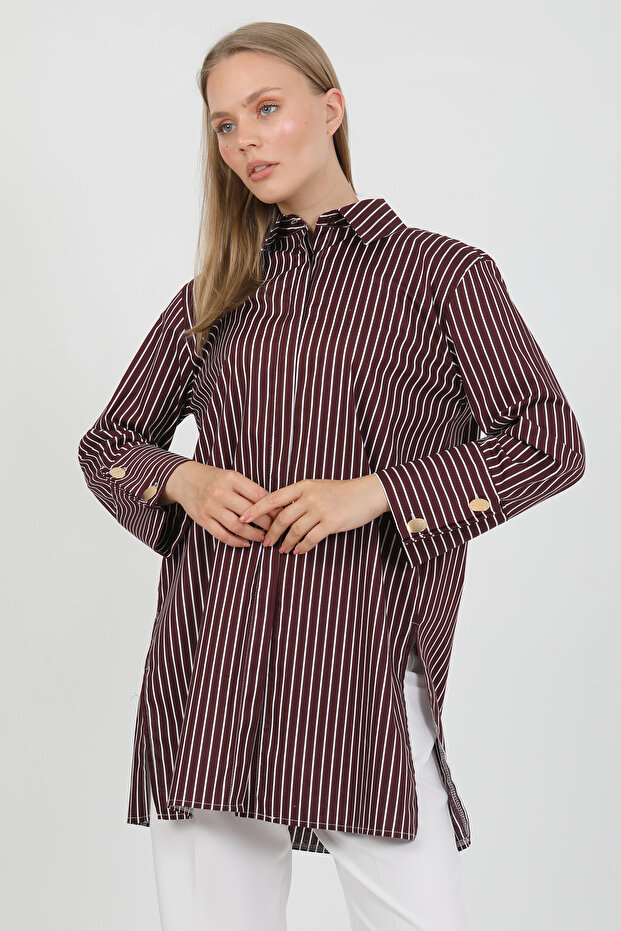 Burgundy Striped Wide Cuffed 96% Cotton Stretchy Poplin Long Tunic Women's Shirt 1160