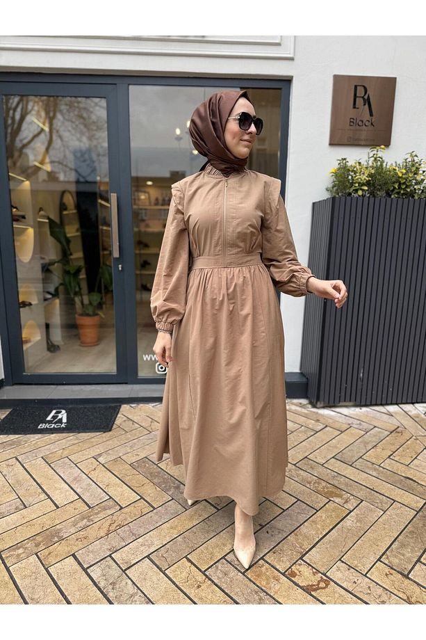 Fermuarlı Poplin Kadın Elbise Taba - 2