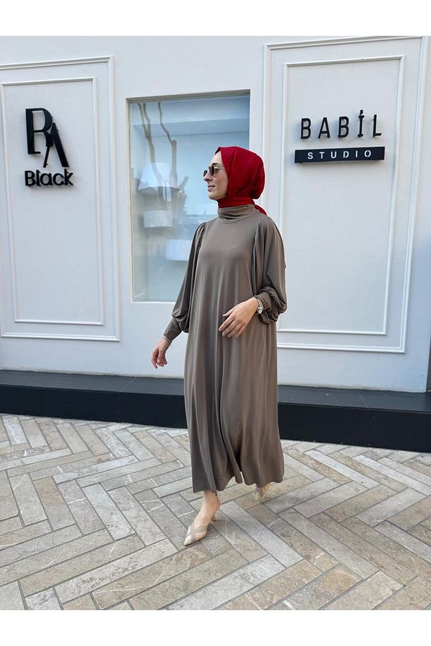 Yakadan Fularlı A Form Kadın Elbise Vizon - 2