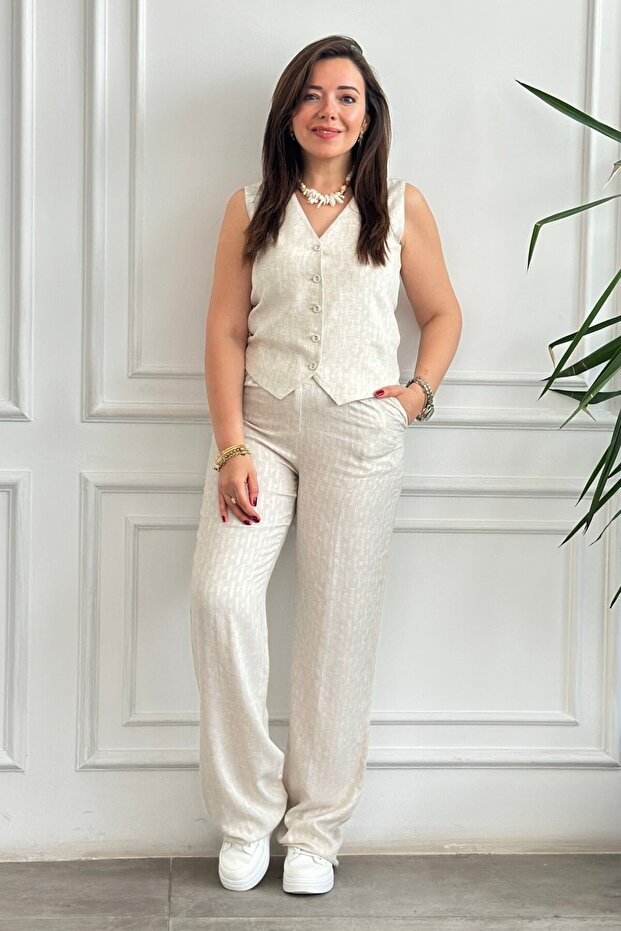 Self Patterned Belted Vest Pants Suit