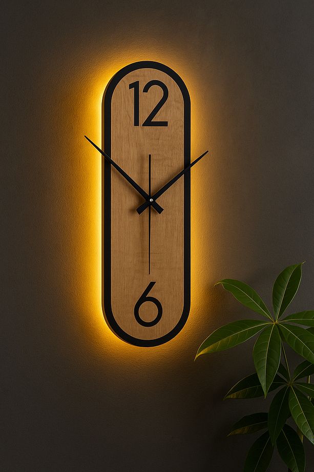 AURA12/6 Simetrik Led Işıklı Modern Ahşap Dekoratif Duvar Saati Gece Lambası Pilli - 1