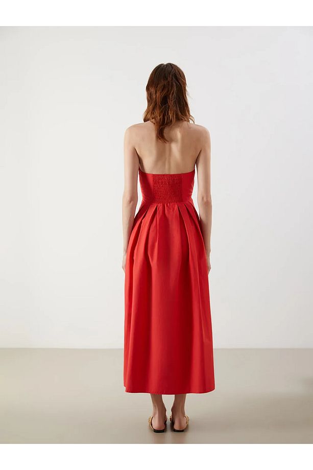 LCW Vision Kirmizi Straplez Yaka Poplin Elbise - 3