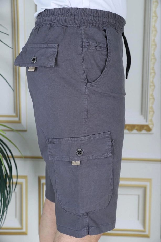 Erkek Gri Likralı Gabardin Şort Kargo Cepli Pamuklu Beli Lastikli Bağcıklı Basic Şort - 5