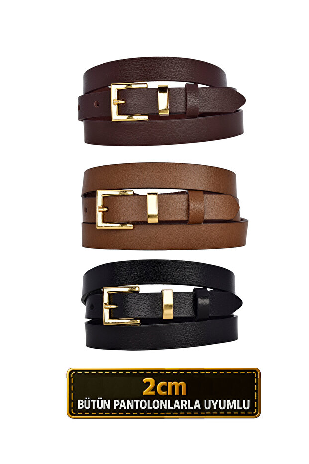 100% Genuine Leather Set of 3 Gold Color Suit Buckle 2cm Women's Belt Black, Brown, Dark Brown_Kare_Gold