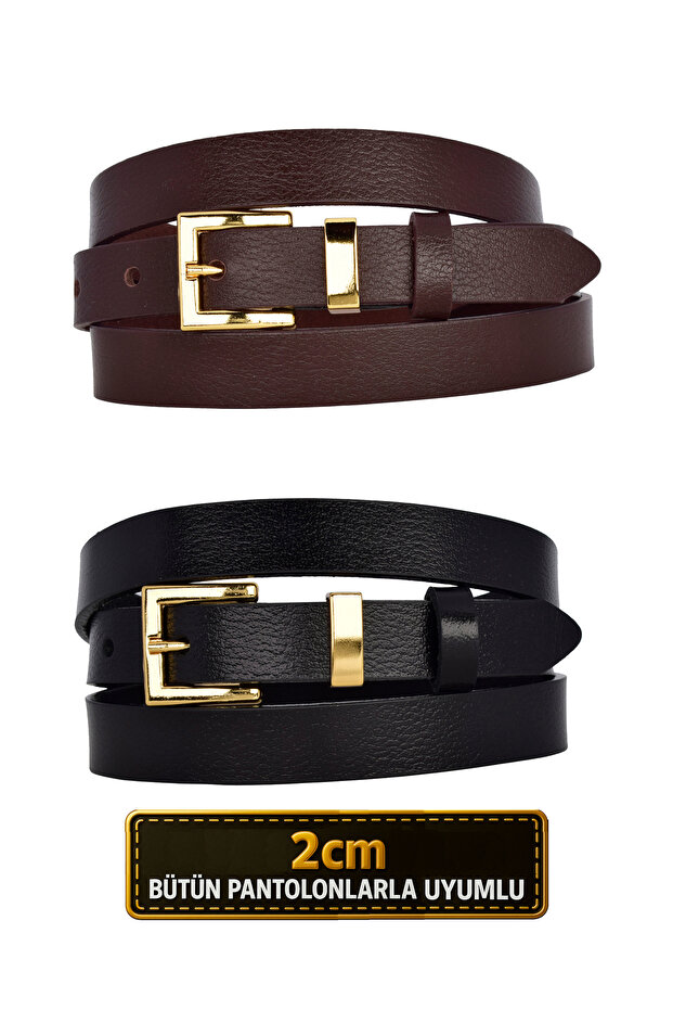 100% Genuine Leather Set of 2 Gold Color Set Buckle 2cm Women's Belt Dark Brown, Black_ Kare_Gold