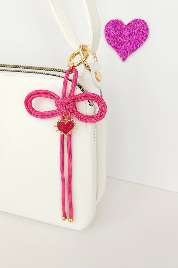 Fuchsia Bow Paracord Rope Cute Bag Ornament, Ribbon Keychain, Handmade Heart Bag Charm, Beach