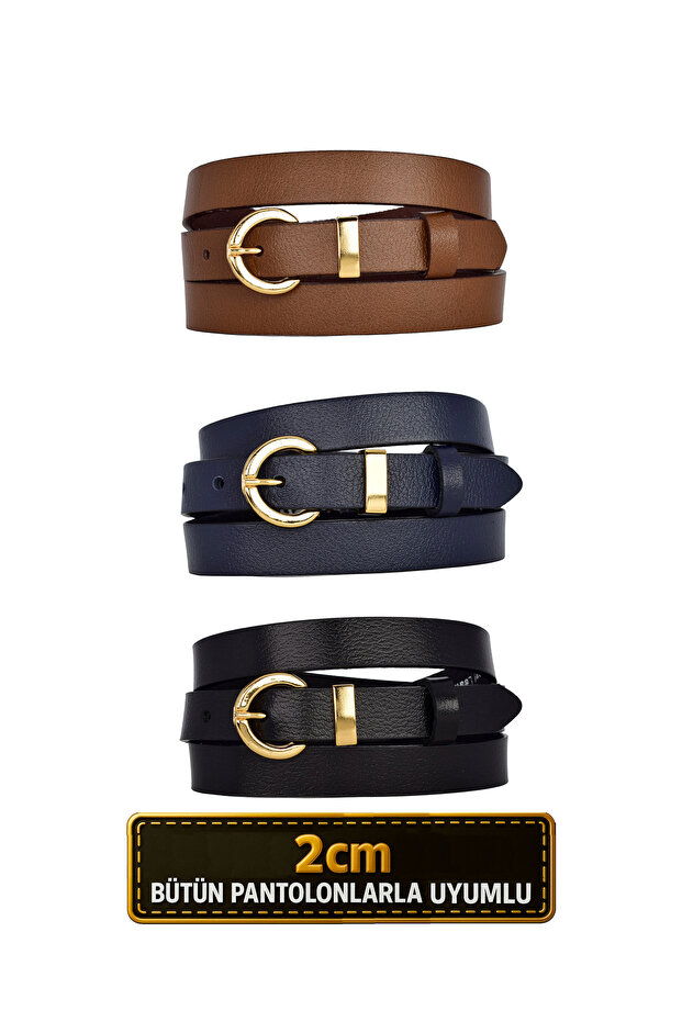 100% Genuine Leather Set of 3 Gold Color Suit Buckle 2cm Women's Belt Black, Navy, Brown_Kilt_Gold