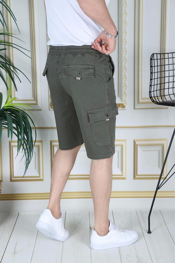 Erkek Haki Likralı Gabardin Şort Kargo Cepli Pamuklu Beli Lastikli Bağcıklı Basic Şort - 3