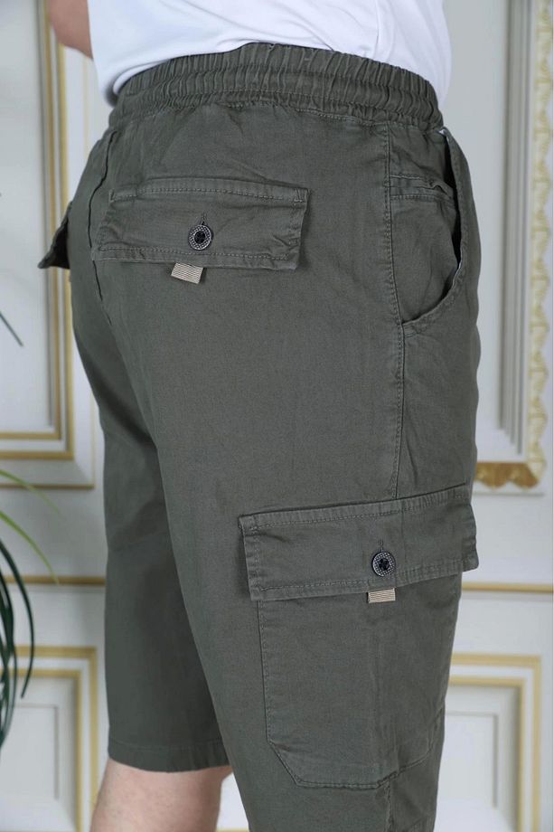 Erkek Haki Likralı Gabardin Şort Kargo Cepli Pamuklu Beli Lastikli Bağcıklı Basic Şort - 5