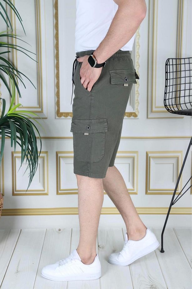 Erkek Haki Likralı Gabardin Şort Kargo Cepli Pamuklu Beli Lastikli Bağcıklı Basic Şort - 7