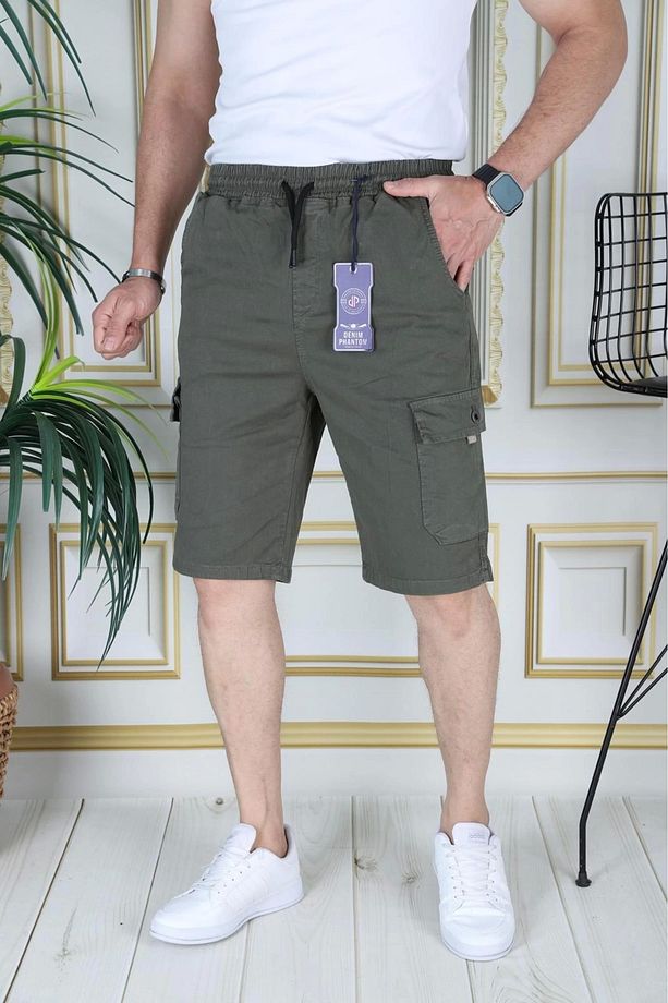 Erkek Haki Likralı Gabardin Şort Kargo Cepli Pamuklu Beli Lastikli Bağcıklı Basic Şort - 6