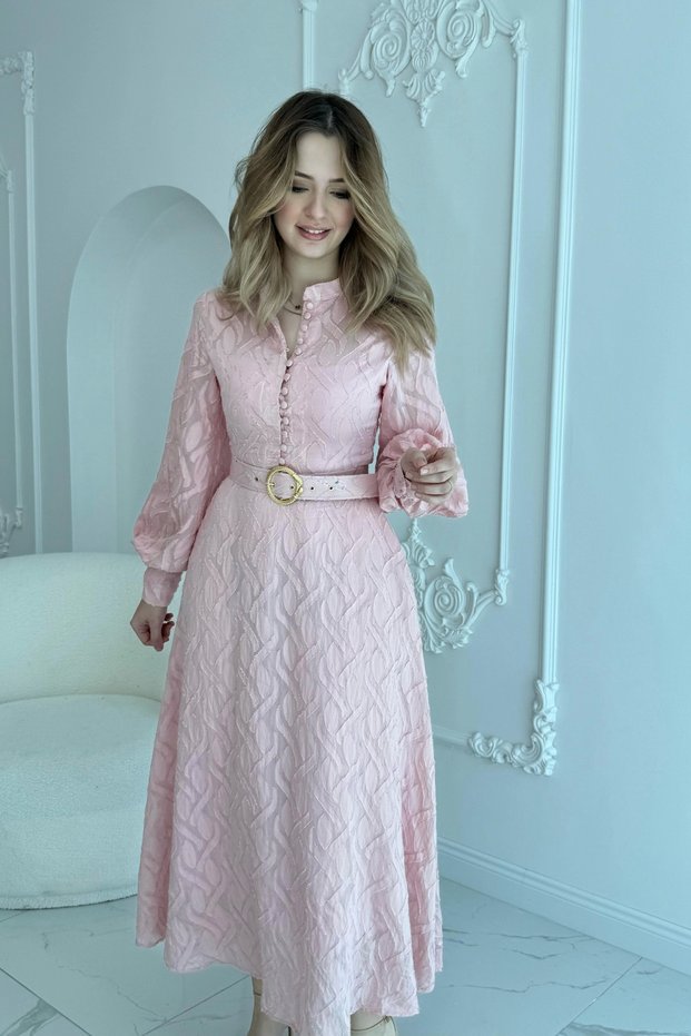 Jacquard Belt Detail Full-Length Pink Dress