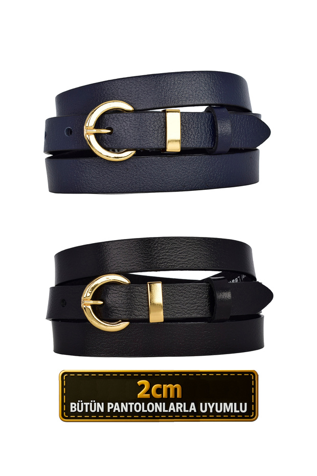 100% Genuine Leather Set of 2 Gold Color Set Buckle 2cm Women's Belt Navy Blue, Black_ Lock_Gold
