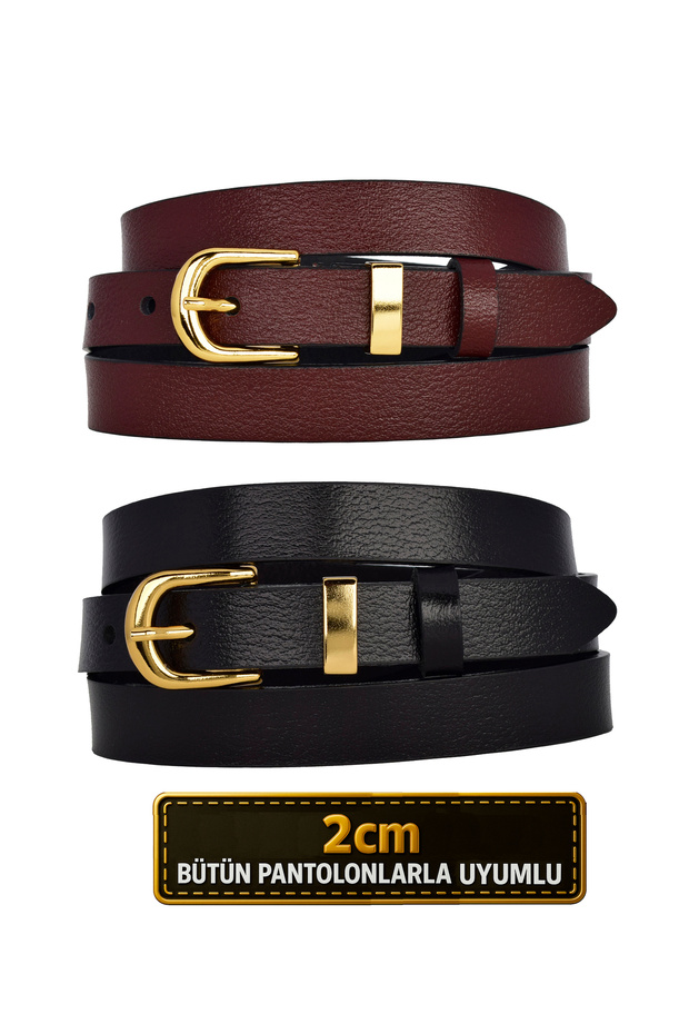 100% Genuine Leather Set of 2 Gold Color Suit Buckle 2cm Women's Belt Claret Red, Black_ Nor.Düz_Gold