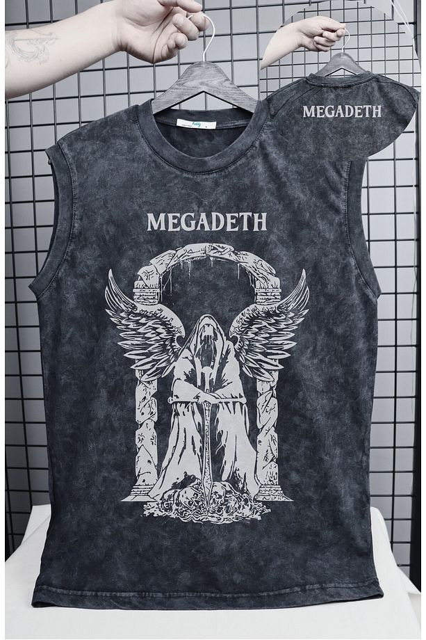 Megadeth Melek Baskılı Yıkamalı Kolsuz Tişört, Unisex Rock Band Temalı Sıfır Kollu Retro Atlet - 1