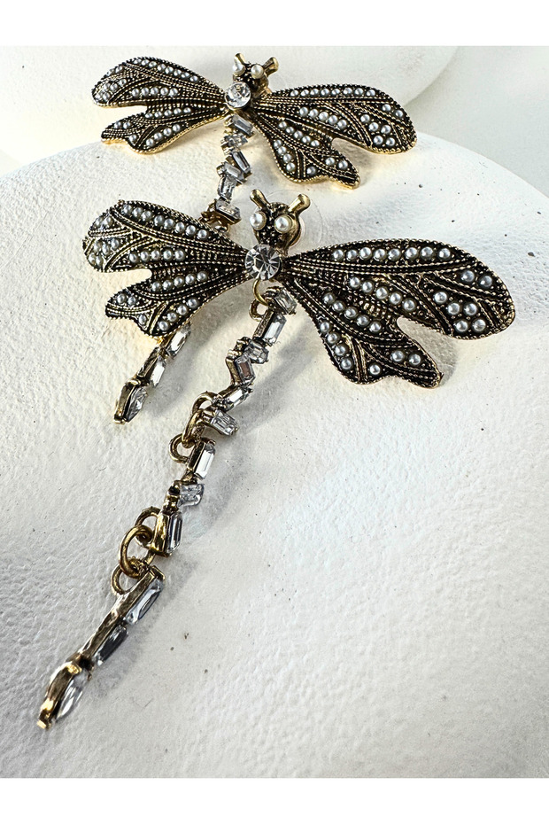 Gold Color Stone Detailed Dragonfly Earrings