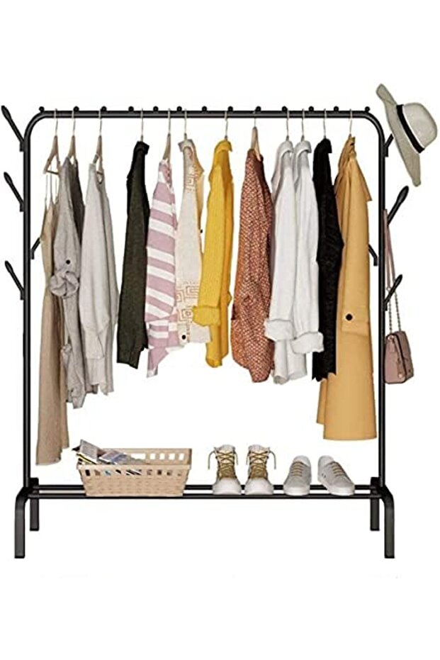 Cloth Rack - Modern Black Iron Clothes, Shoes, Hats & Accessories Stand with 8pcs Hooks & Bot