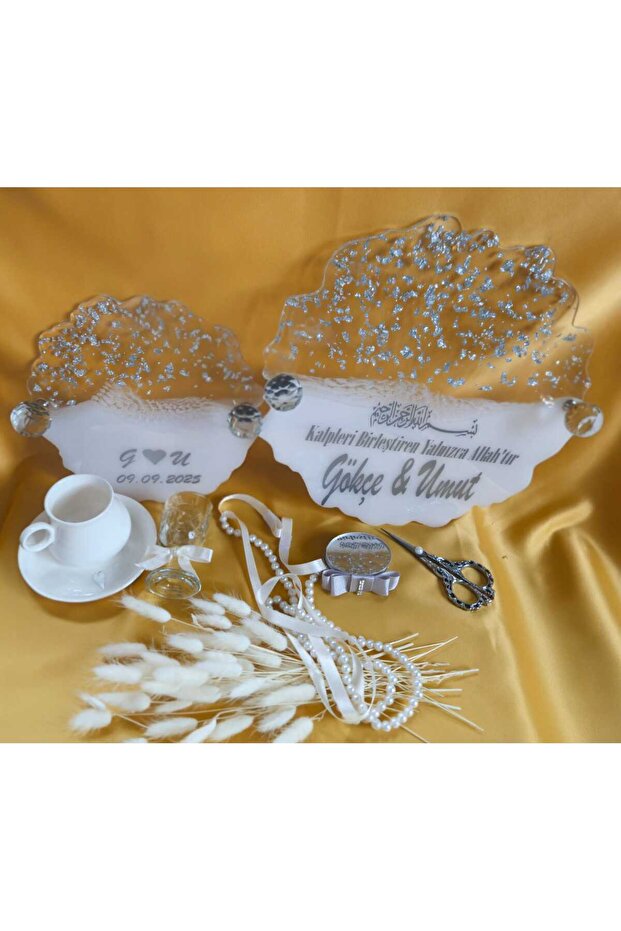 Epoksi Dalgalı Yuvarlak Nişan Tepsi Set,Söz Tepsisi,Damat Fincanı - 1