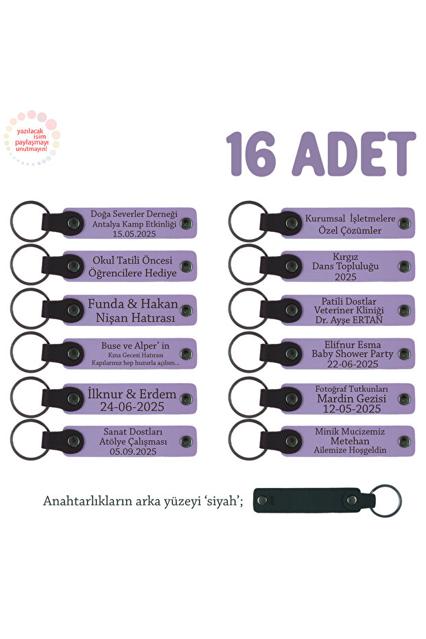 Leather Keychain with Name Engravable, Purple Violet & Syh, Souvenir for Precious Teachers, Set of 16