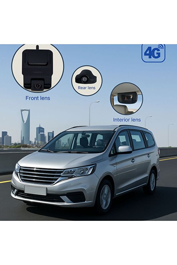 Car dash cam with three lenses, front, interior, and rear