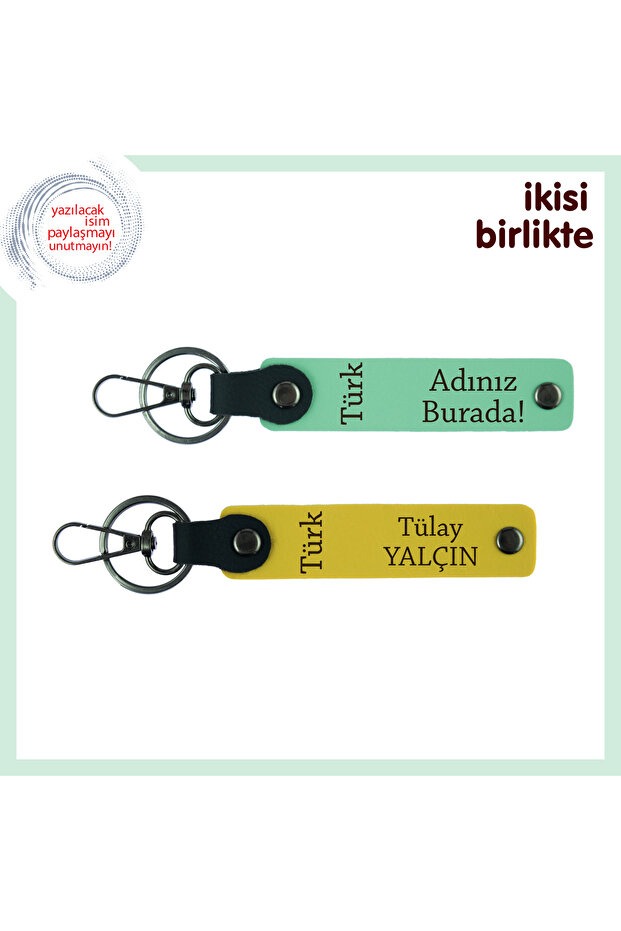 Gift for Loved Ones, Green-Yellow, First Name and Last Name Written 2-Piece Keychain with Turkish Text Pattern