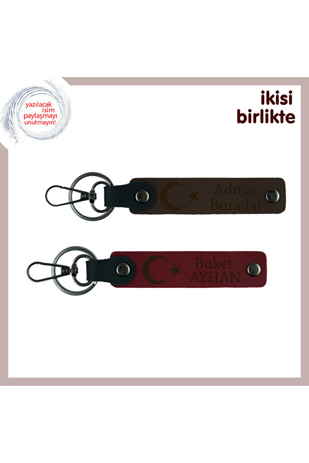 Newly Married Double Meaningful Armağan – Moon Star Themed Set of 2 Personal Keychains, Dark Brown-Claret Red